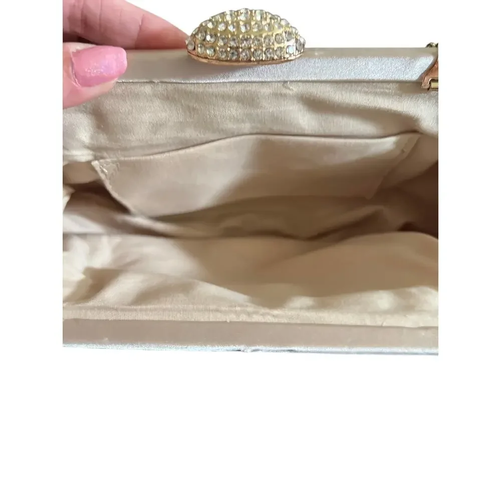 Kelly & Katie Evening Bag Pleated Clutch Satin Champagne Gold Rhinestone Chain
